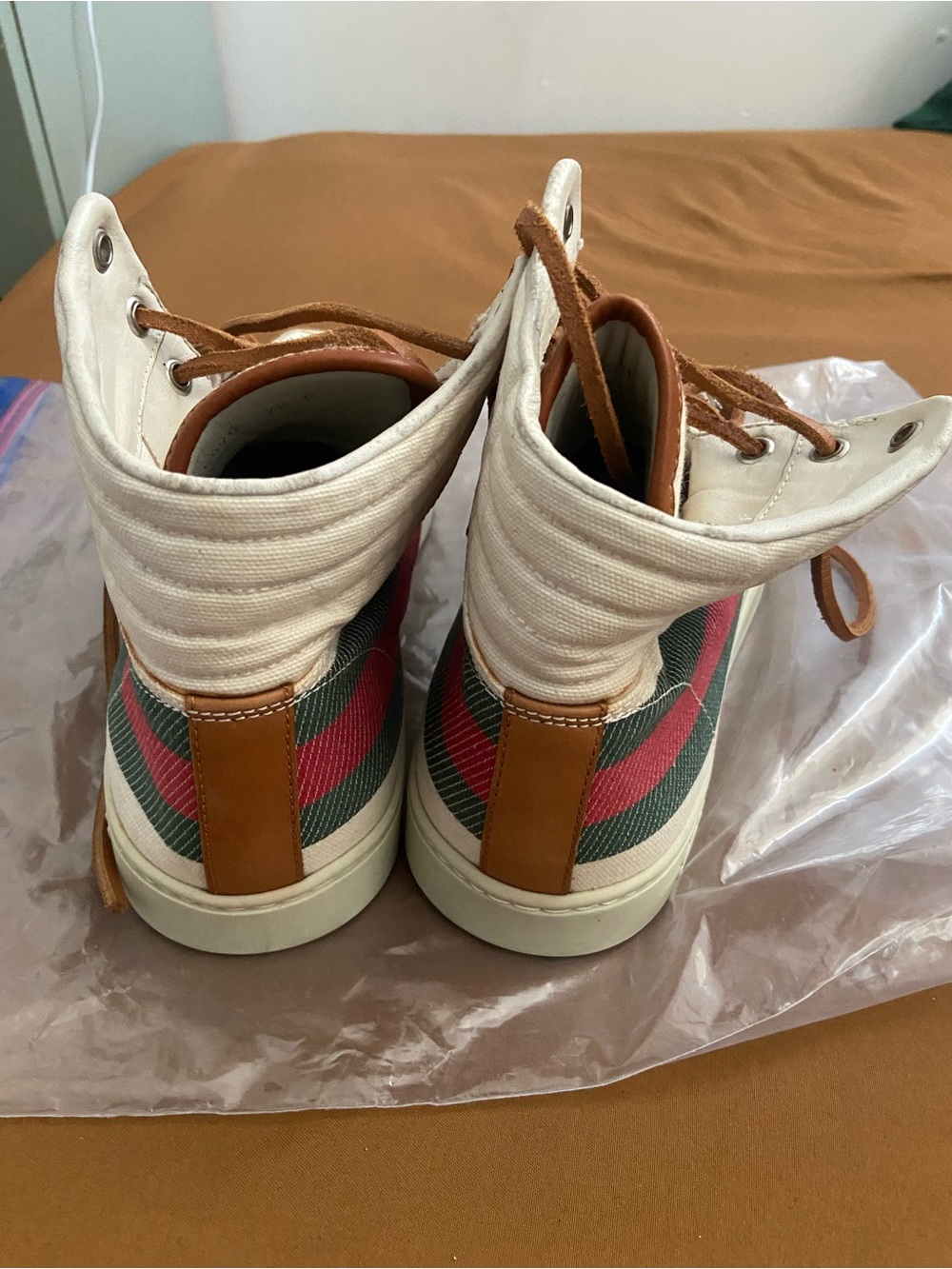 Gucci Web Canvas High-Top Sneakers in Cream and Brown - Picture 3 of 5